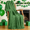 inhand Green Knitted Throw Blanket for Couch and Bed, St. Patrick’s Day Lucky Spring Gifts Throw for Her or Him, Soft Farmhouse Woven Blanket with Tassel, Lightweight Decorative, 50"x60"