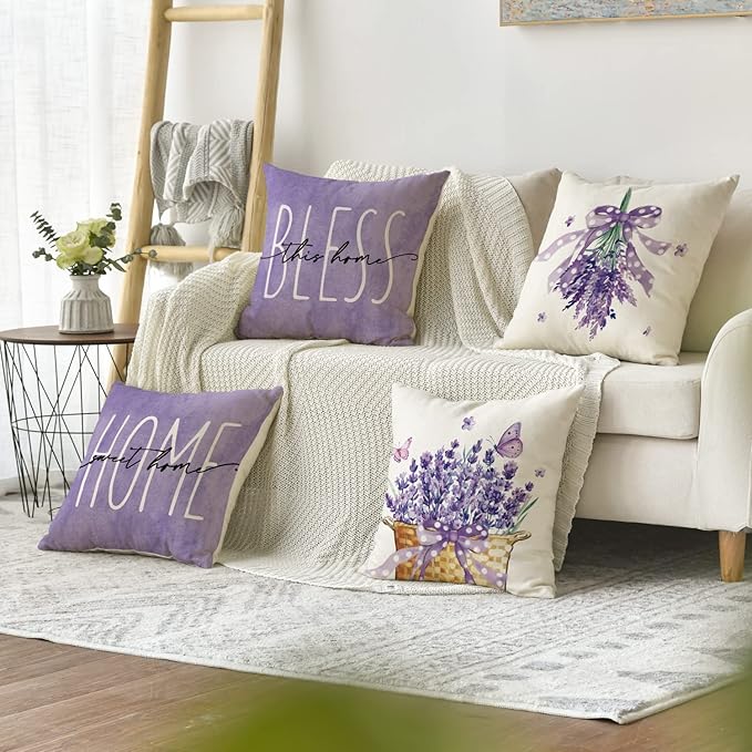 AVOIN colorlife Lavender Bless This Home Sweet Home Spring Throw Pillow Covers, 20 x 20 Inch Purple Cushion Case for Sofa Couch Set of 4