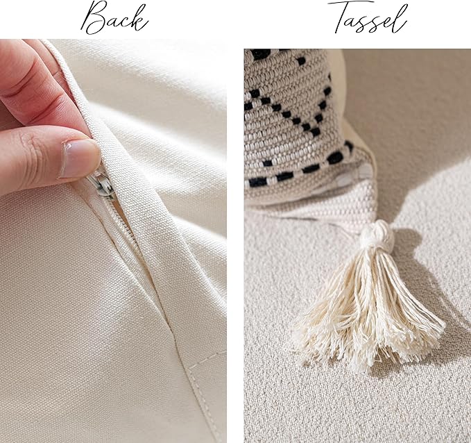 BlissBlush 20X20 Throw Pillow Cover, Cream Neutral Square Decorative Cushion Cover with Black Pattern, Boho Accent Pillowcase with Tufted Details and Tassels for Couch Sofa Living Room (Cover Only)