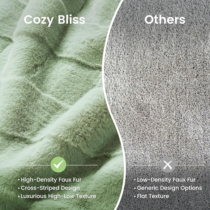 Cozy Bliss Fluffy Faux Fur Blanket Queen Size for Bed, Fuzzy Soft Striped Plush Blanket, Thick Throw for Bedroom Couch Gift, 90x90 Inches Sage Green