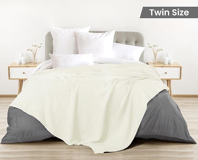Utopia Bedding Ivory 100% Cotton Waffle Blanket 300 GSM [Twin - 90x66 Inch] Soft Lightweight Breathable Bed Blanket for All Season