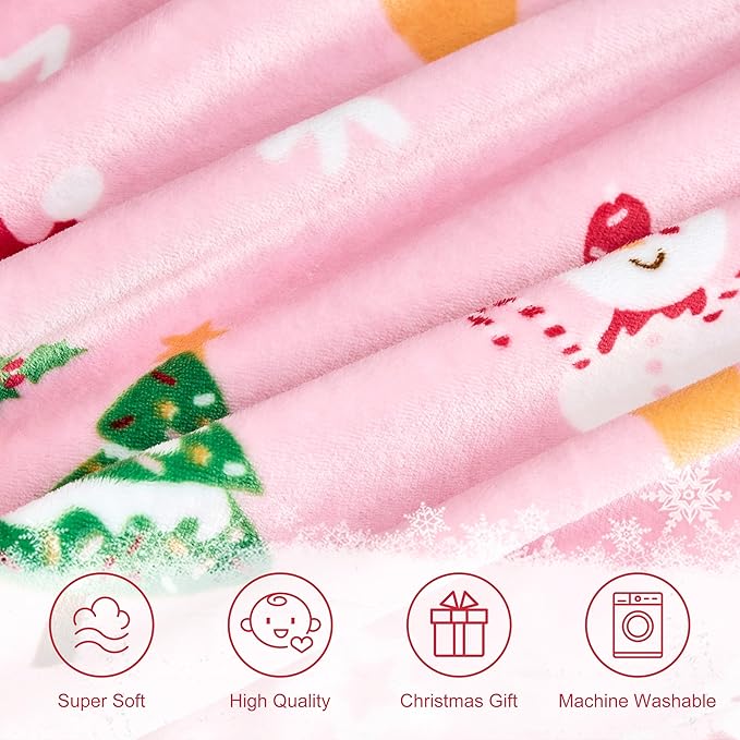 Christmas Blanket Soft Cozy Pink Throws with Snowman Snowflake Santa Claus and Xmas Trees Print, Fuzzy Warm Christmas Throw Blanket for Couch Bed Holiday Decorations Gifts 60"x80" (Pink)