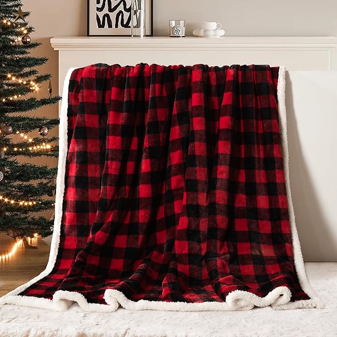 BEAUTEX Sherpa Fleece Flannel Blanket Twin Size, Super Soft Warm Buffalo Plaid Plush Microfiber Blankets, Cozy Fuzzy Christmas Blanket for Couch Sofa Bed (Red, 60" x 80")