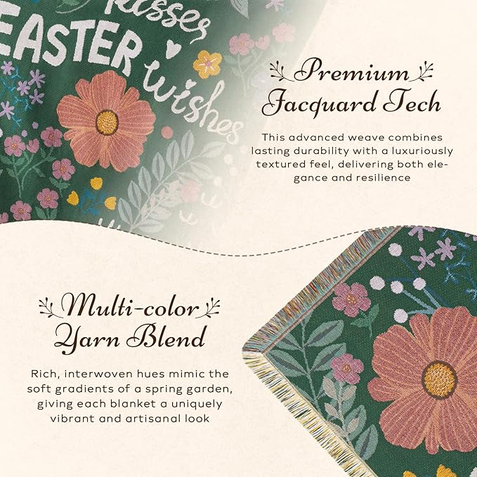 Ashler Easter Throw Blanket, Bed Tassel Blanket with Velvet Bag, Soft Breathable Blankets with Easter Flower and Letters Pattern for Couch Sofa Living Room Bedroom Decor, Deep Green, 50 x 60 Inches