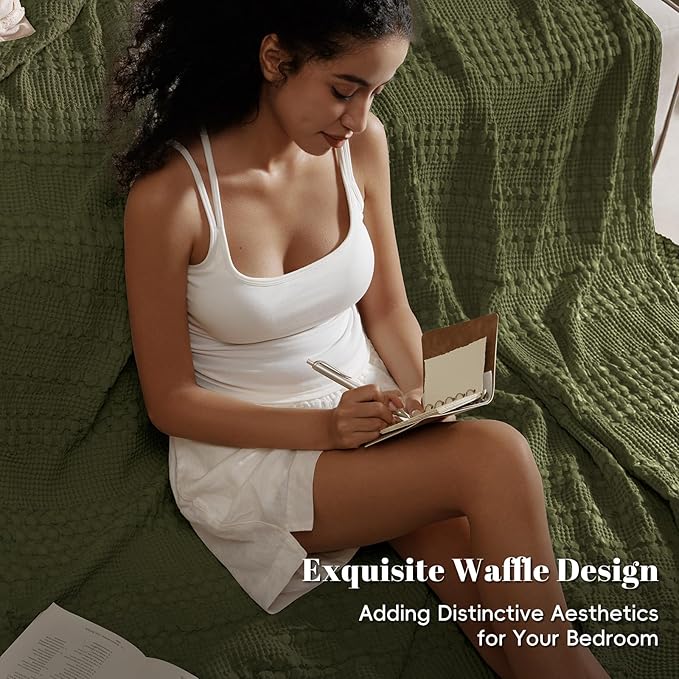 PHF 100% Cotton Waffle Weave Blanket Twin Size for Bed, Soft Lightweight & Breathable for Spring and Summer, All-Season Comfort, Luxury Aesthetic Blanket for Home Decor, 66"x90", Capulet Olive