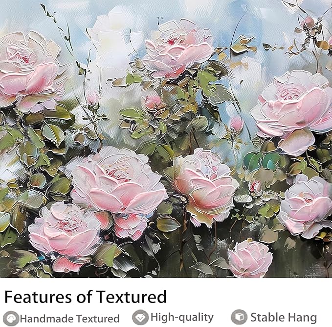 Ardemy Pink Rose Wall Art Canvas for Living Room, Flower Painting Modern Textured Floral Bedroom Picture Artwork Framed Home Office Kitchen Decor Large 48"x24"