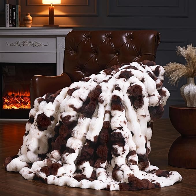 Faux Fur Throw Blanket for Couch, Fluffy Fuzzy Plush Bubble Blanket, Soft Warm Cozy Shaggy Rabbit Blanket, Luxury Decorative Gifts for Sofa Bedroom Living Room, 108x90inch (Cow Print-Brown)