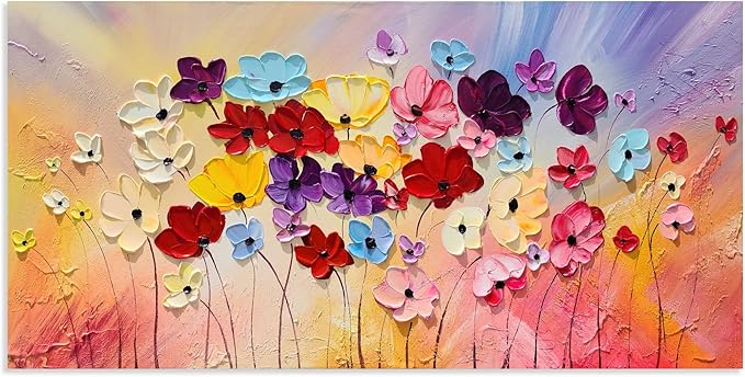 SYGALLERIER Colorful Floral Canvas Wall Art Hand Painted 3D Flower Artwork Frameds Modern Abstract Landscape Painting Textured Flower Pictures for Living Room Bedroom Bathroom Decor