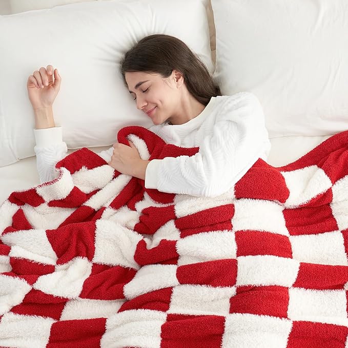 Snuggle Sac Red Checkered Valentine Blanket, Fluffy Faux Fur Ultra Soft Warm Microfiber Throw Blankets for Couch, Sofa, Chair, Bed, Red Checker, 50x60 inches