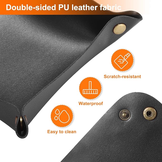 HARFINGTON 2pcs PU Leather Valet Tray Unisex Folding Small Catchall Tray Portable Entryway Table Tray Nightstand Bedside Desk Tray for Key Wallet Watch Coin Jewelry Dice, Black