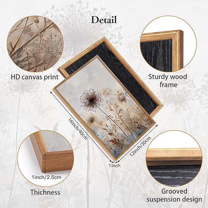 CHDITB Dandelion Wall Art Framed Canvas Wall Art Set Of 3, Dandelion Picture for Living Room, Vintage Wildflower Artwork Botanical Wall Decor, Nature Floral Art Prints for Bedroom Home Decor (12x16 Inch)