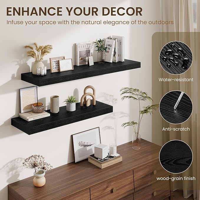 Fun Memories 48 Inch Floating Shelves for Wall - 12 Inch Deep Fireplace Mantel Shelf - Wood Floating Shelf for Wall - Large Storage Shelves Wall Mount for Living Room & Bedroom - Black - Set of 2