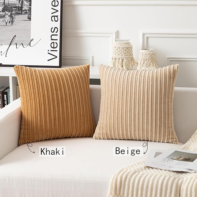 UGASA Velvet 20x20 Inch Soft Throw Pillow Cover Decorative Corduroy Striped Both Sides Solid Square Cushion Case Boho Farmhouse for Couch Bedroom Sofa Home, 1 Piece, Beige