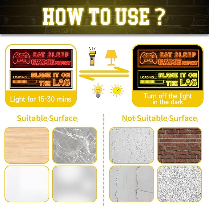 Eat Sleep Game Wall Decals Glow in The Dark, Gamer Controller Stickers Decor for Boy Bedroom, Joystick Video Gaming Kids Playroom Nursery Decoration