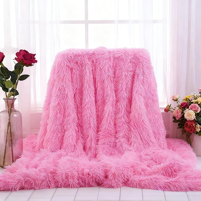 Plush Super Soft Blanket Bedding Sofa Cover Furry Fuzzy Fur Warm Throw Qulit Cozy Couch Blanket for Winter (63"x79", Pink)