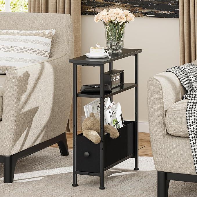 Narrow Small Side Table, End Table with 1 Fabric Drawer and Storage Shelf, 3-Tier Skinny Nightstand, Slim Bedside Table for Living Room, Bedroom, Black