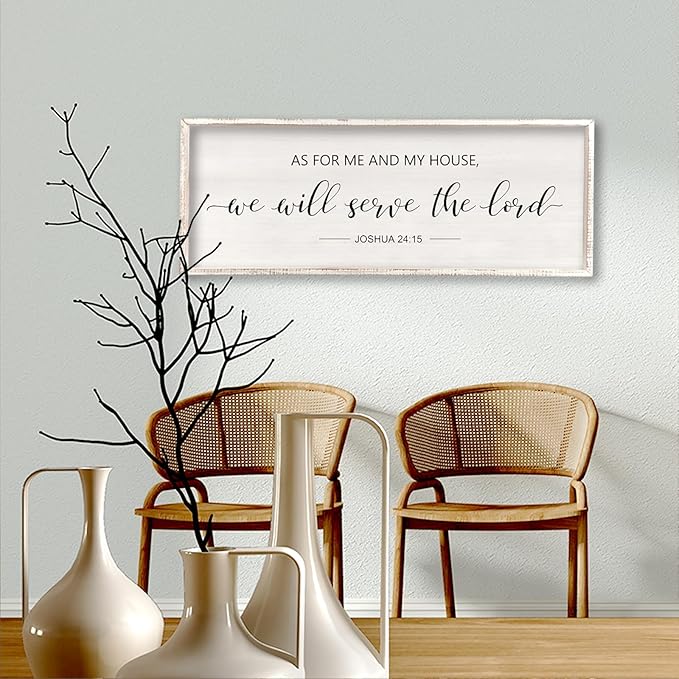 comurdyo As For Me And My House We Will Serve The Lord Wall Decor 32" x 12" Bedroom Above Bed Sign Large Rustic Farmhouse Wood Framed Bible Verse for Religious Scripture Christian Wall Art (White)