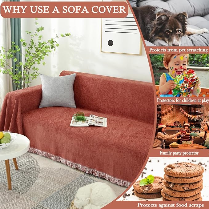 HANDONTIME Chenille Couch Covers Brick Red Sofa Cover for Dogs Terracotta Sectional Couch Covers Couch Protector for Dogs Loveseat Covers Furniture Covers Sofa Covers for 3 Cushion Couch, 71" X134"