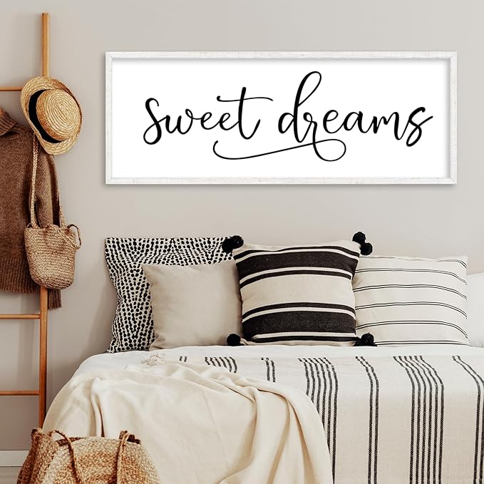 YWJKWLGS Sweet Dreams Wall Decor Sign 40x15 Inch Handwritten Art for Bedroom & Kids Room 40x15 Inch Above Over Bed Rustic Modern Farmhouse Large Wooden Framed Wall Hanging Art (White)