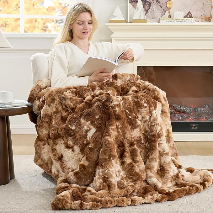 Cozy Bliss Deluxe Striped Rabbit Faux Fur Throw Blanket, Soft Fluffy Warm Plush Blanket for Winter, Modern Homr Decor, Tie-dye Brown 50"x60"