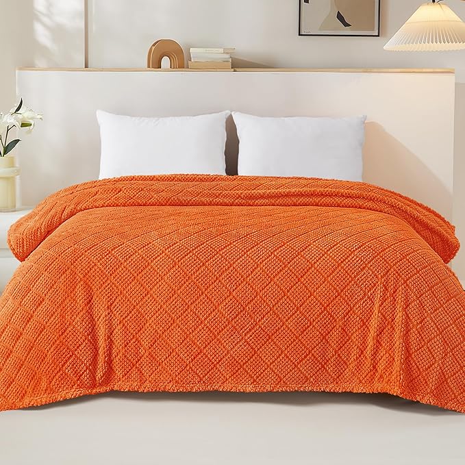 Whale Flotilla Fuzzy Fleece King Size Blanket for Bed, Soft Fluffy Jacquard Waffle Blankets for All Season, Lightweight and Warm, 90x104 Inch, Burnt Orange