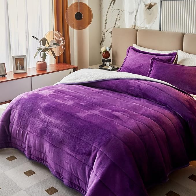 3-Layer Luxury Flannel Fleece Thick Bed Blanket Twin Size, Soft Plush Velvet Sherpa Blanket with 2 Pillow Shams Heavy Warm for Winter, Breathable n Washable, Purple