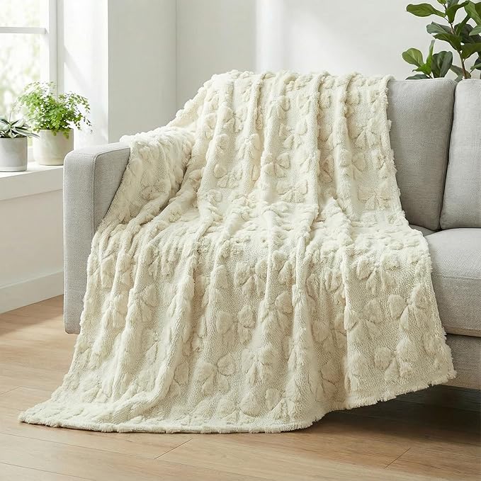 Horaldaily Valentine Bow Blanket Throw, Beige Bow Soft Fuzzy Plush Faux Fur Cozy Blankets for Couch Sofa Bed Lounging, Ideal Gifts for Kids Adults Wife Self, 60x80