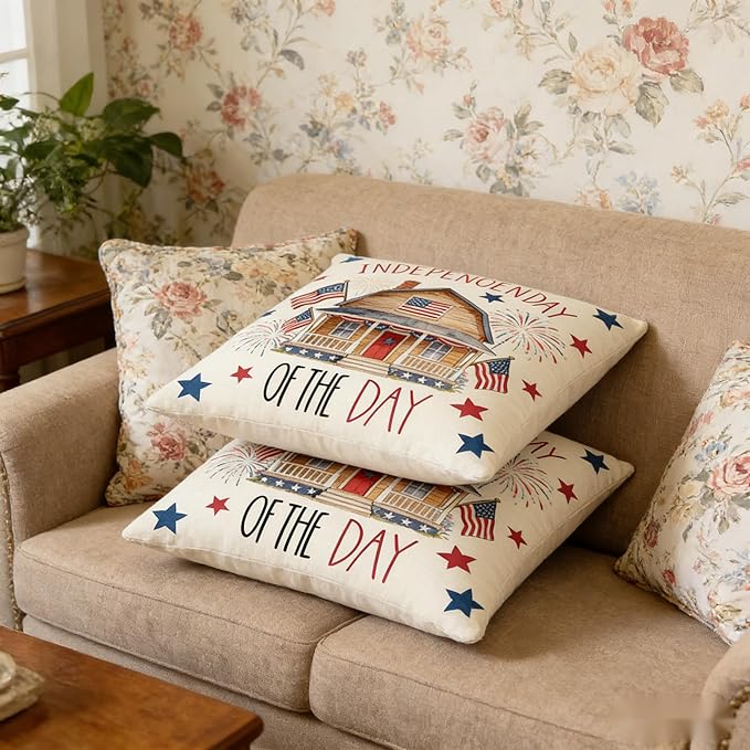 Independence Day 2pcs Throw Pillow Covers, Patriotic 4th of July American Flag House Fireworks Stars Design, Red White and Blue Cushion Cases，18x18 Pillows Linen Pillowcase