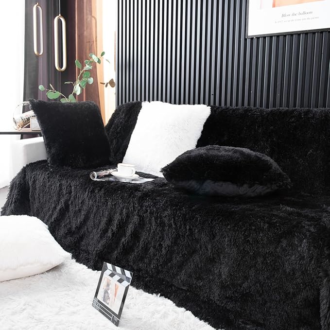 YUSOKI Black Queen Faux Fur Blanket,2 Layers,90"x90" Without Pillows Big Soft Plush Fuzzy Large Warm Fluffy Throw Blanket for Bed
