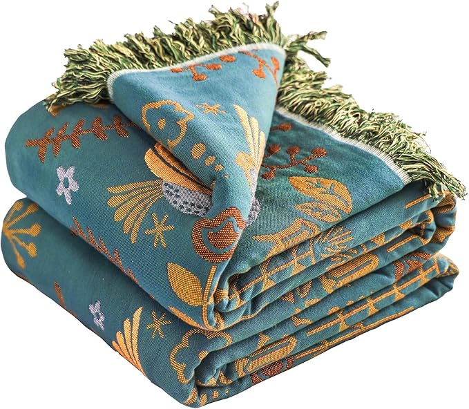 Boho Sofa Bed Large Throw Blanket, Ultra Soft Luxury King Throw Quilt, 100% Organic Cotton Reversible Bohemian Throw for Couch Chair Bedspread and Gift, 91" x 98"-Teal