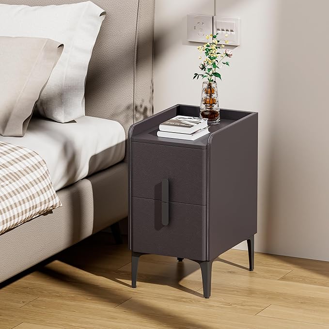 VICITON Narrow Nightstand with 2 Drawers, Narrow Side Table Leather Surface, Slim Bedside Table for Bedrooms, Study, Living Rooms, Small Space (Dark Gray, 15.7" D x 11.8" W x 22.4" H)