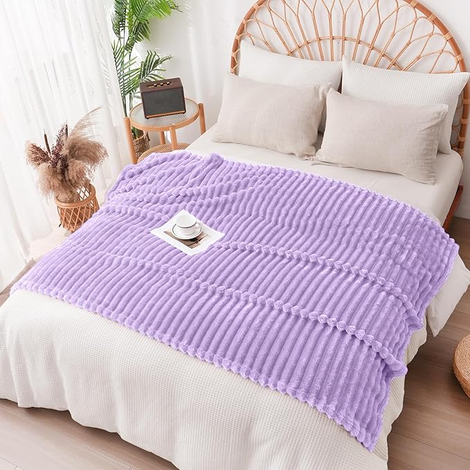 Vessia Flannel Fleece Throw Blanket for Couch,Sofa,Bed, 300GSM Striped Light Purple Throw Blanket for Adults and Kids, Super Soft Warm Cozy Lightweight Home Decor for All-Season(50x70inch)