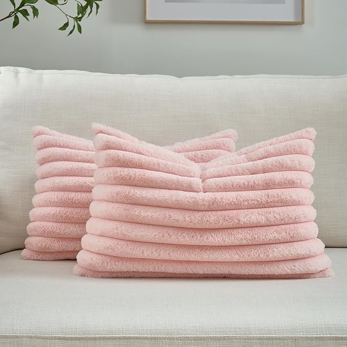 FUTEI Pink Decorative Throw Pillow Covers Set of 2, 12x20 Inch Soft Fluffy Faux Fur Plush Striped Lumbar Pillowcases, Modern Home Decor for Couch Bed Living Room