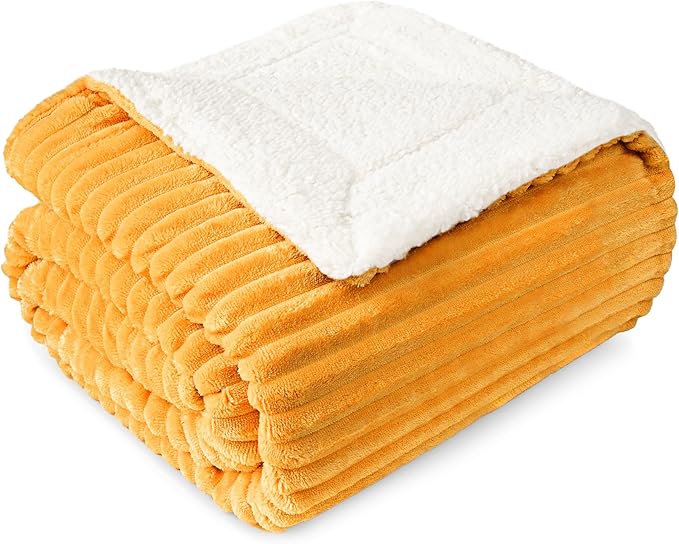 PAVILIA Mustard Yellow Sherpa Fleece Throw Blanket for Couch Twin, Soft Plush Fuzzy Blankets, Fluffy Flannel Sherpa Blanket for Bed, Warm 3D Ribbed Winter Blanket Gift, 60x80 inches