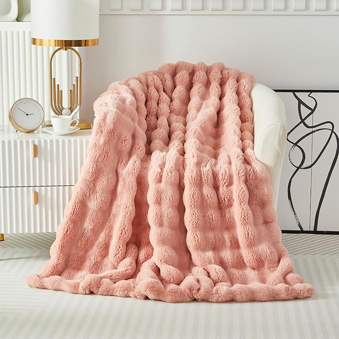 Faux Fur Throw Blanket for Couch Cozy Fuzzy Soft Plush Thick Fluffy Fleece Bubble Blanket for Sofa Bedroom Living Room, 51x63 Inches Pink