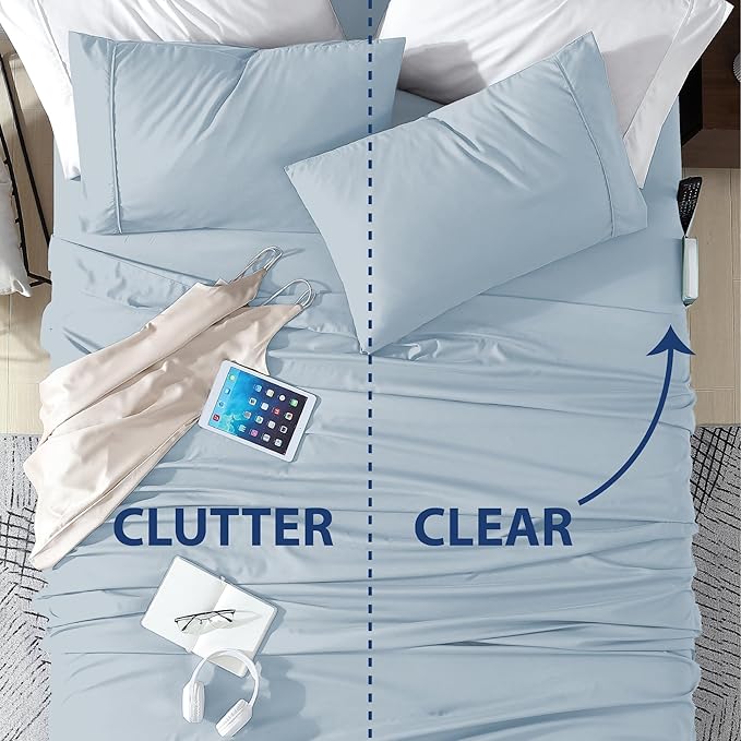 Swift Home Smart Sheets, Ultra Soft Brushed Microfiber 4-Piece Sheet Set, Fitted Bed Sheet with Side Storage Pockets – Blue Fog, King