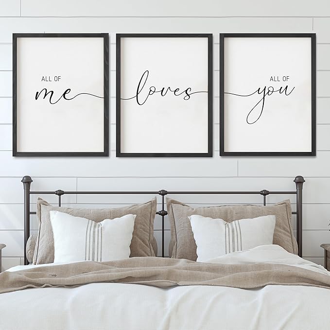 Set of 3 Framed Farmhouse All of Me Loves All of You Sign 11x14” Above Bed Wall Decor for Bedroom Decor Wall Art Wood Signs (11x14, Black)