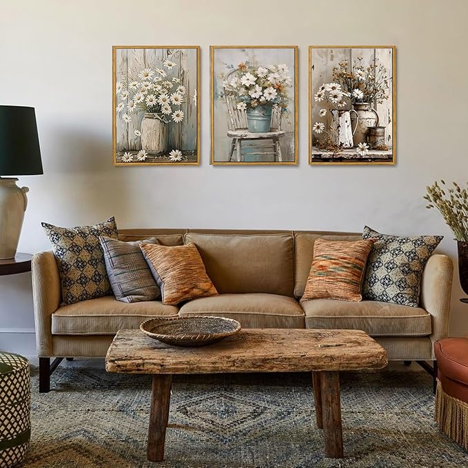 Wodkwq 3 piece Rustic Farmhouse Wall Decor Framed,Vintage Floral Canvas Wall Art,Daisy Country Picture Prints For Bedroom,Living Room,Bathroom 16x24in