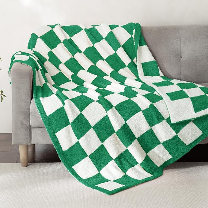 Whale Flotilla Checkered Knit Throw Blanket, Ultra Soft Warm Reversible Cozy Decorative Blankets for Couch Sofa and Bed, 50x60 Inch, Green