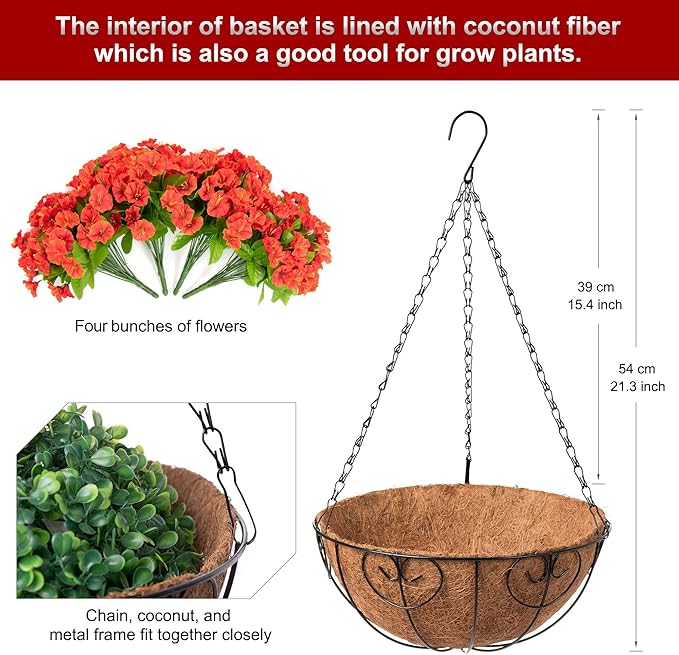 Artificial Hanging Flower Plants with Basket for Summer Autumn Outdoor Decoration, Faux Petunias Flowers Fake Morning Glories Planter for Outside Patio Garden Porch Balcony Yard Decor(Orange)