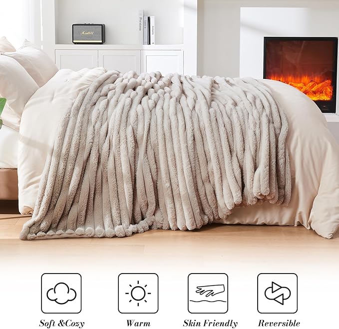 Lotus Karen Faux Fur Twin Blanket for Couch, Cozy Soft Fluffy Fuzzy Linen Blanket, Striped Warm Thick Furry Plush Shaggy Small Blankets for Women, 60x80 Inches