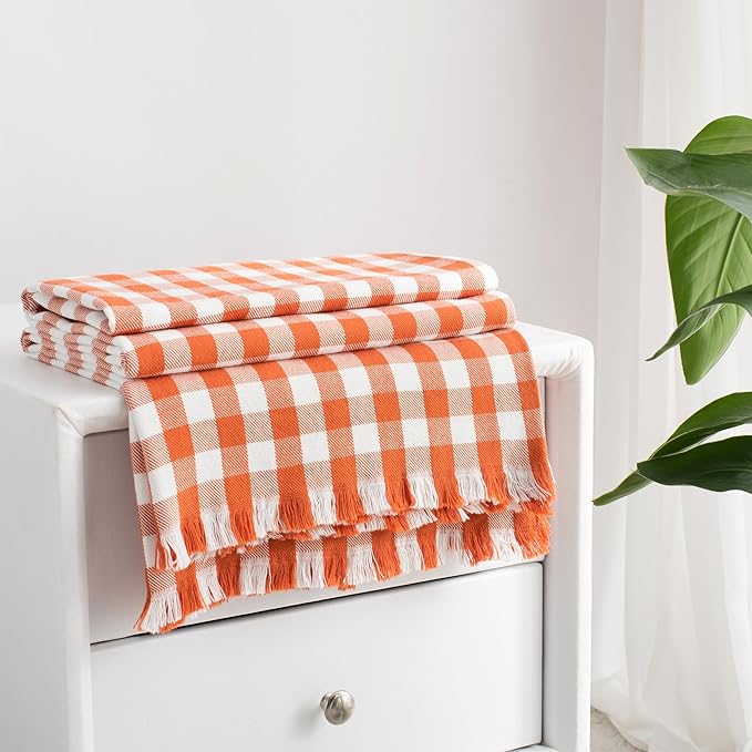 100% Cotton Throw Blanket Plaid Soft Lightweight Cozy Farmhouse Tassels Summer Thin Breathable Throws for Couch Sofa Bed (50" × 60" Orange)