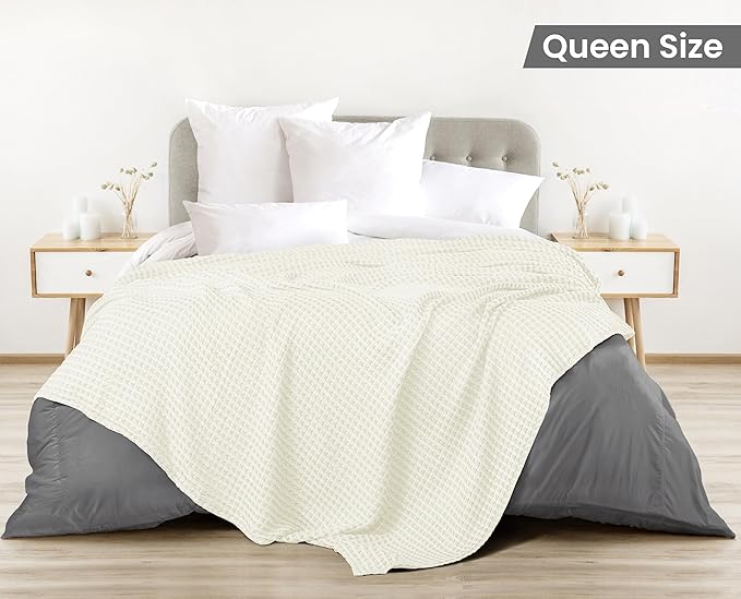 Utopia Bedding Ivory 100% Cotton Waffle Blanket 300 GSM [Queen - 90x90 Inch] Soft Lightweight Breathable Bed Blanket for All Season