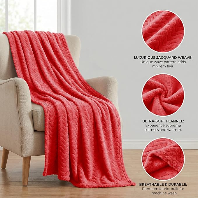 Exclusivo Mezcla Soft Fleece Throw Blanket for Couch, Cozy Lightweight Blankets with Decorative Wave Textured Suitable for All Season Use, Red, 50x70 Inches