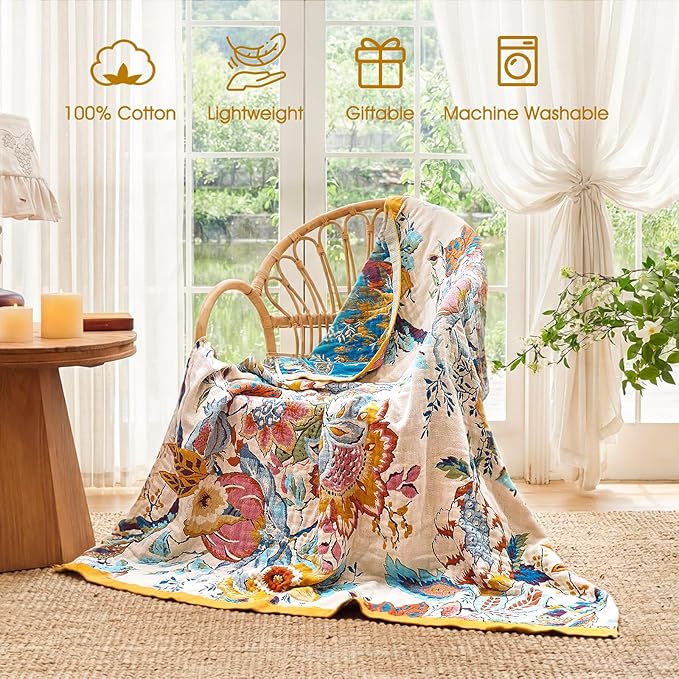 Boho Throw Blanket - 60"x80" 100% Cotton Ultra Soft Lightweight Spring Blanket, 4-Layer Breathable Muslin Blankets for Bed Couch, Reversible Green Floral Butterfly Printed Bohemian Cotton Quilt