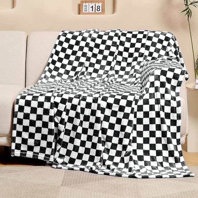 FY FIBER HOUSE Black and White Checkered Throw Blanket for Couch Soft Cozy Checker Blankets, 50"x60"