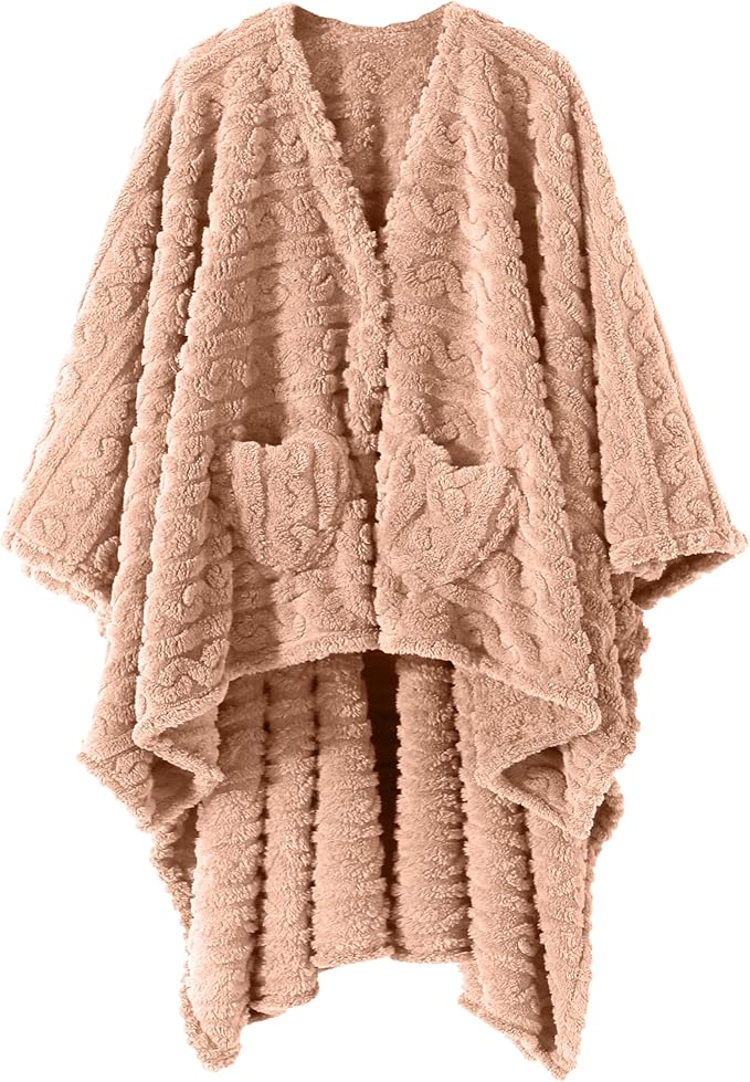 Wearable Blanket Sherpa Fleece Shawl Blanket with Pockets Blanket Poncho Cape for Adults, Cozy Shawl TV Throw Blankets