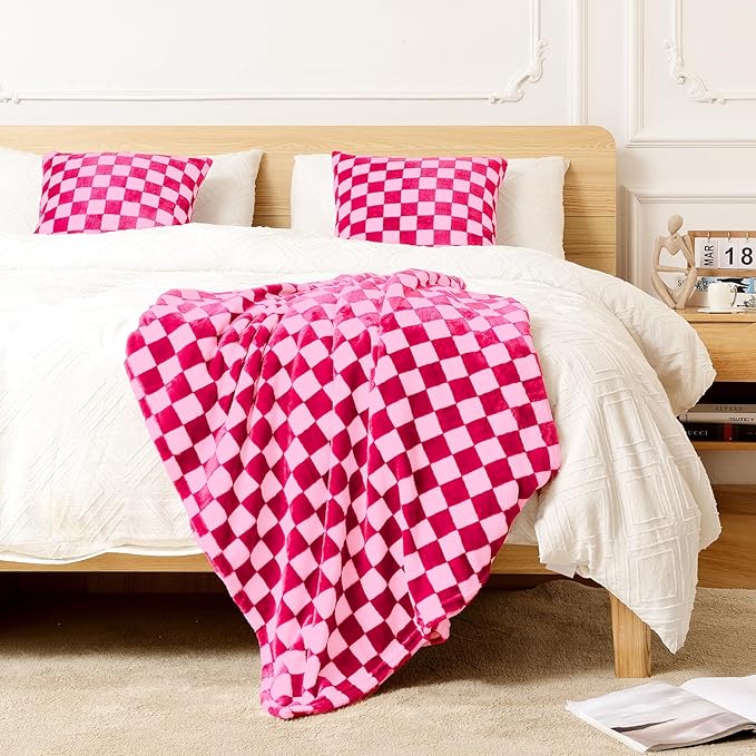 FY FIBER HOUSE Checkered Flannel Fleece Throw Blanket Soft Cozy Checkerboard Grid Print Chessboard Gingham Pattern Blankets for Bed Couch Sofa, 40"x50", Hot Pink