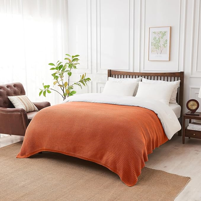 Douceur Rust Orange Throw Blanket for Bed, Soft Chunky Cable Knit Throw Blanket, Classic Fisherman's Rib Stitch Pattern Throw for Living Room,60"X80"