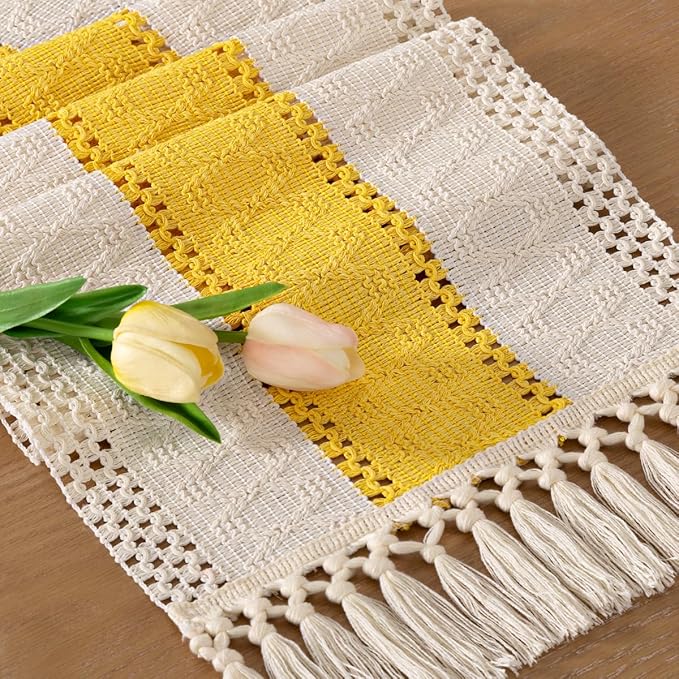 Socomi Boho Table Runner Easter Spring Farmhouse Rustic Dining Kitchen Centerpiece Decor Small Macrame Woven Cotton Coffee Table Runner for Dresser Scarf Home Decor 12x60 in Yellow Gold Ivory
